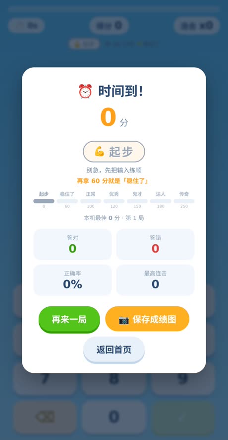 结算页:分数、段位、正确率、最高连击、本机最佳